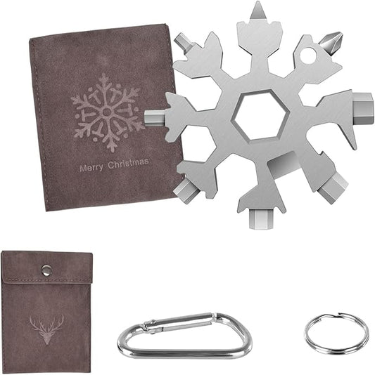Snowflake Multitool,18-in-1 Stainless Steel Snowflake Tool, Snowflake Wrench Screwdriver with Key Ring,Carabiner Clip(Silver)