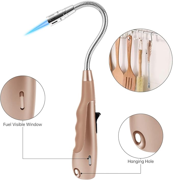 Butane Lighter Torch Long Lighter Jet Flame Windproof Lighter with Visual Fuel Window for Fireplace Kitchen Grill BBQ Camping, Pink (No Butane Included)