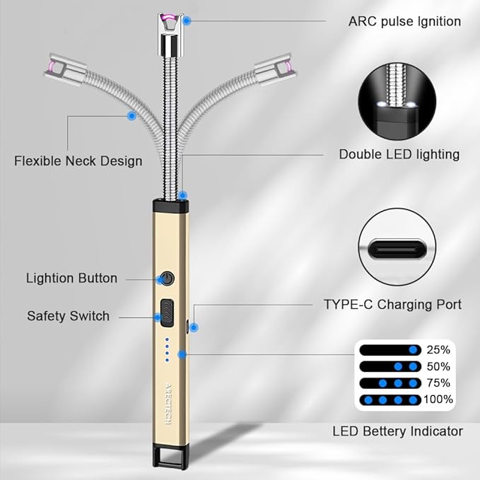 ARECTECH Lighter Candle Lighter Electric Lighter Rechargeable USB Arc Lighters for Candle Camping Cooking Fireworks Christmas Birthday Gifts with LED Light for Men Women Gold