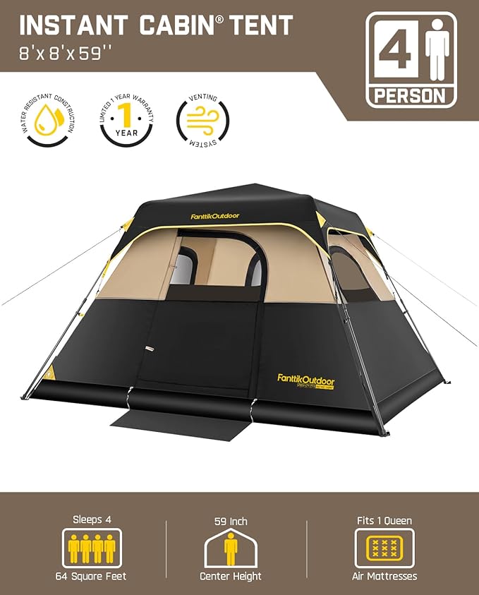 FanttikOutdoor Camping Tent 4/6/8/10 Person Instant Cabin Tent Setup in 60 Seconds with Rainfly & Windproof Portable with Carry Bag for Family Camping & Hiking