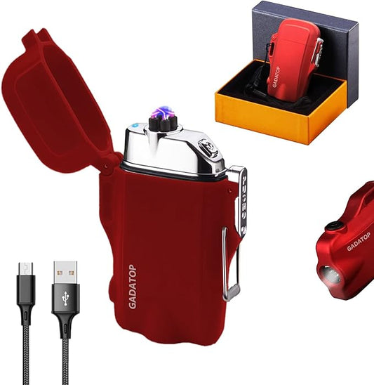 GADATOP Electric Lighter, Outdoor Waterproof Double arc Lighter Windproof Lighter, Rechargeable USB Lighter flameless Plasma Lighter with LED Torch with Lanyard, Suitable for Camping, Hiking (Red)