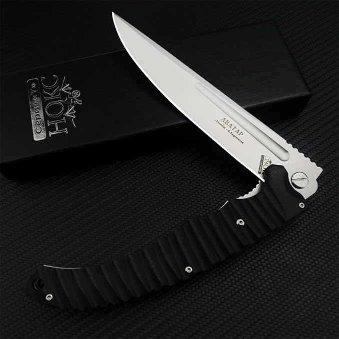 HUAAO 12 INCH Russian Avatar Folding Knife for Men,D2 Blade Black G10 Handles Tactical Survival Gear Saber Knives,Safety Liner Lock,Flipper Assisted Outdoor Camping Tool (White blade)