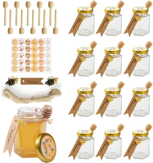 12 Pack 4oz Glass Hexagon Honey Jars Golden Lids - Extra Wooden Honey Dipper Sticks, Bee Charms, Tag String, Thank You Gift Tags, Stickers (Golden 12 Stickers)