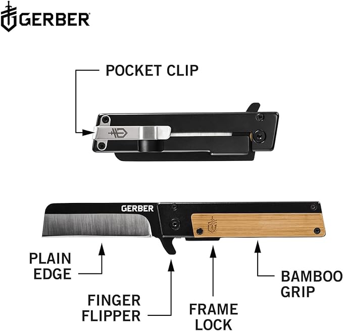 Gerber Gear Quadrant Clip Folding Knife with Plain Edge Blade - Straight Edge Flipper Knife with Pocket Clip and Bamboo Handle - EDC Gear and Equipment - Stainless Steel