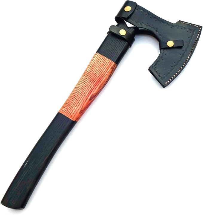 Hand Forged Vikings Axe & Damascus Steel Folding Knife Set- 21"" Carbon Steel Nordic Hatchet + EDC Knife with Sheath- Ideal for Camping, Gift for Men, Red-Black