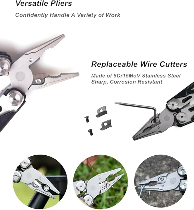 Multitool Pliers, Premium Multi Tool Pliers Pocket Knife Scissors Replaceable Wire Cutter Screwdriver, Foldable Multitools Knife with Clip Safety Locking for Camping Hiking Survival Gifts Men
