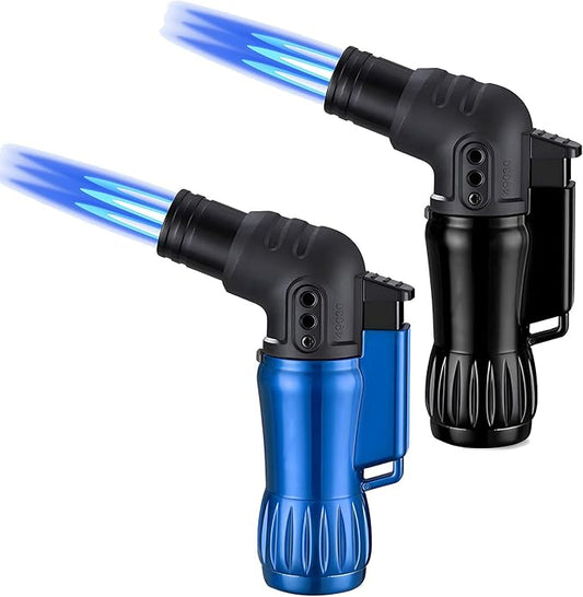 Lighter, 2pcs/Set Triple Jet Flame Torch Lighter,Bend Head Design Refillable Butane Gas Lighters, Jet 3 Flame Windproof Lighters for Candle,Indoor,Kitchen,Outdoor,Camping(without Butane)-Black+Blue