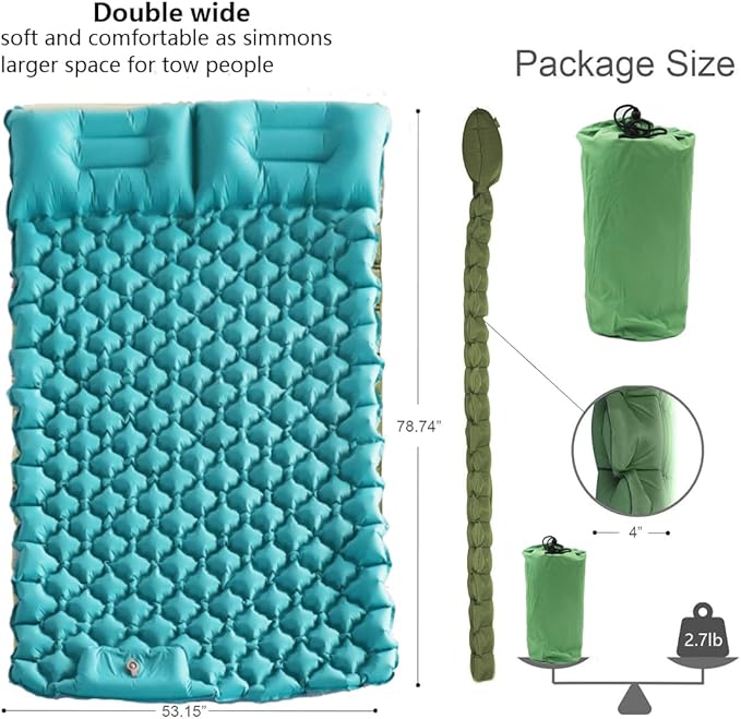 Double Sleeping Pad for Camping, Extra Thickness Inflatable Sleeping Mat with Pillow Built-in Pump, Inflatable & Compact Camping Hiking Traveling