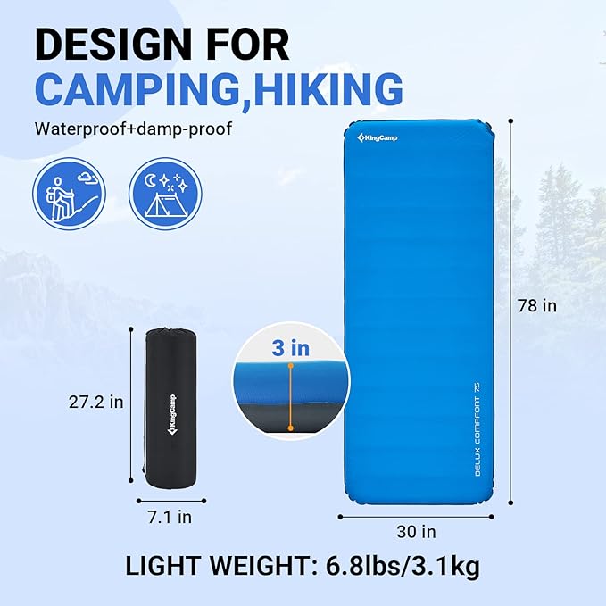 KingCamp Self Inflating Camping Pad 3" Thick Foam Sleeping Mattress 6.1R Value Soft Warm Portable Inflating Air Mat for Travel Hiking Tent,78"x30", Blue