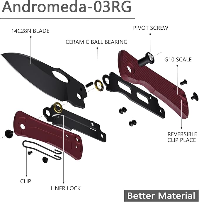 Pocket Knife for EDC,2.04in 14C28N Steel Blade,Red G10 Reversible Deep Carry Clip Handle,Folding Thumb Hole Knives for Men and Women，Andromeda-03RG