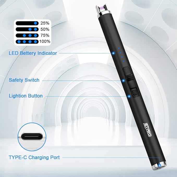 USB Rechargeable Candle Lighter Electronic Arc Lighter Windproof Flameless with Safety Button for Camping Cooking BBQ (Black)