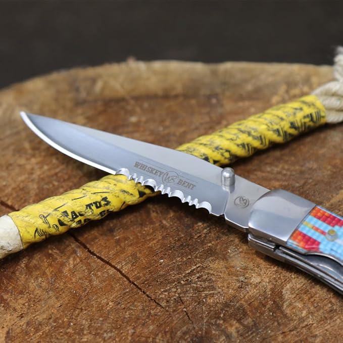WHISKEY BENT HAT CO. Locking Trapper Folding Pocket Knife 4.125" Closed Length 440C Stainless Steel Blades (Wapi - Serrated)