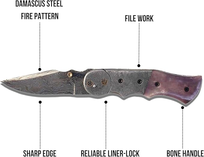 Damascus Folding Knife, Damascus Steel folding knife with Sheath, Damascus Pocket Knife with Bone, Hunting Knife, Pocket Knife for Men Birthday Gift