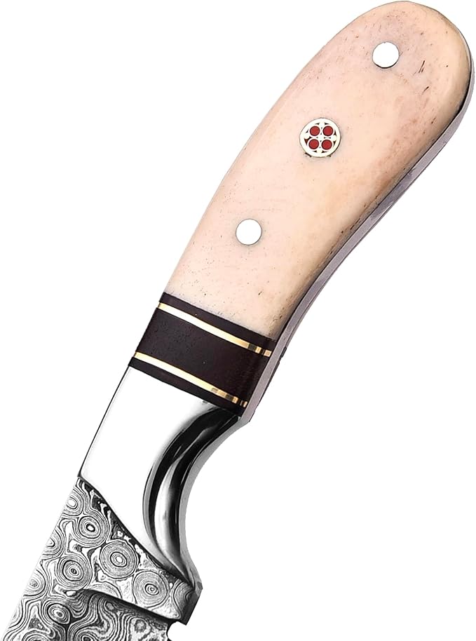 Handmade Damascus Steel Bull Cutter Knife with Pancake Leather Sheath, Fixed Blade Cowboy Knife with Bone/Walnut Handle, Utility Knife, EDC Hunting knife (Camel Bone)