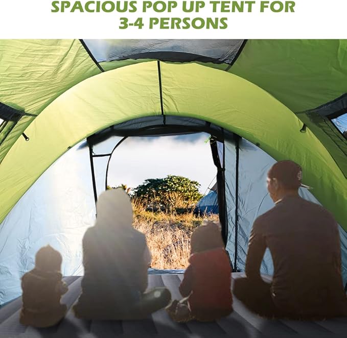 Pop Up Tent, HIKERBRO 4 Person Instant Tent with Skylight, Waterproof Instant Pop Up Tent with Rainfly, Easy Setup Camping Tents, 2 Doors & Windows, 4 Men Automatic Family Tent for Hiking, Traveling
