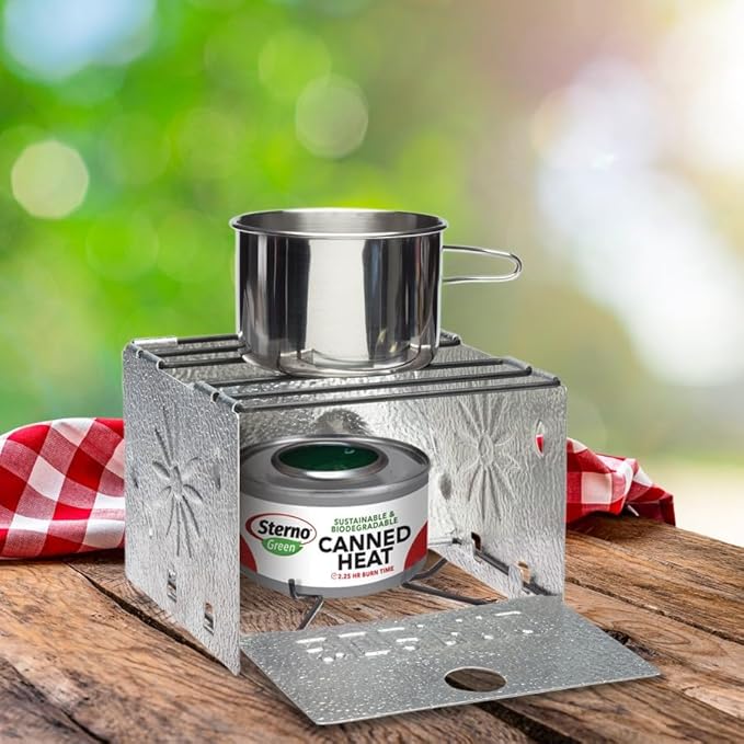 Sterno Folding Stove, Compact Emergency Food Prep, Silver, 6-1/4"L x 6-3/8"W x 4-5/8"H, Fuel Not Included