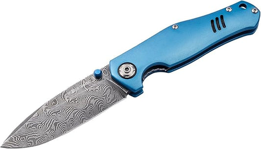 Boker Solingen® 1969 Z28 Damascus pocket knife - Damascus EDC folding knife with blue aluminum handle - linerlock knife with clip in Camaro design - handcrafted EDC knife in case with gift box