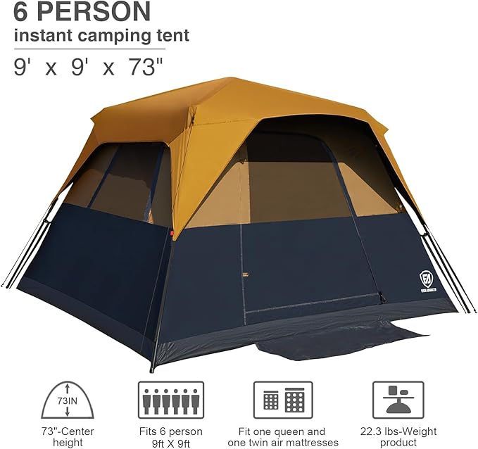 EVER ADVANCED 6 Person Blackout Camping Tent Instant Cabin Tents for Family with Rainfly, 60s Easy Setup, Water-Resistant