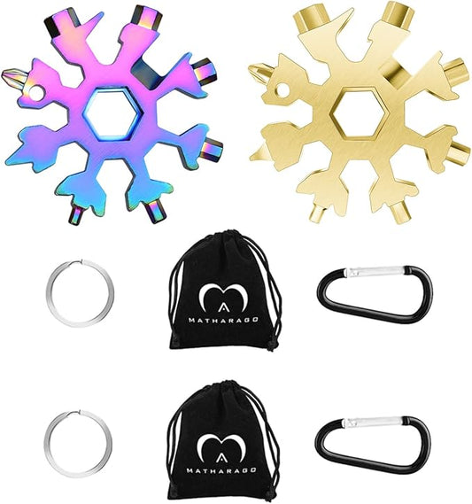 Snowflake Multitool, 2pcs Snowflake Tool Stainless Steel 18 in 1 Snowflake Multitool with Carabiner Clip, Keyring and Storage Bag for Christmas Gift Men's Present（color and gold）