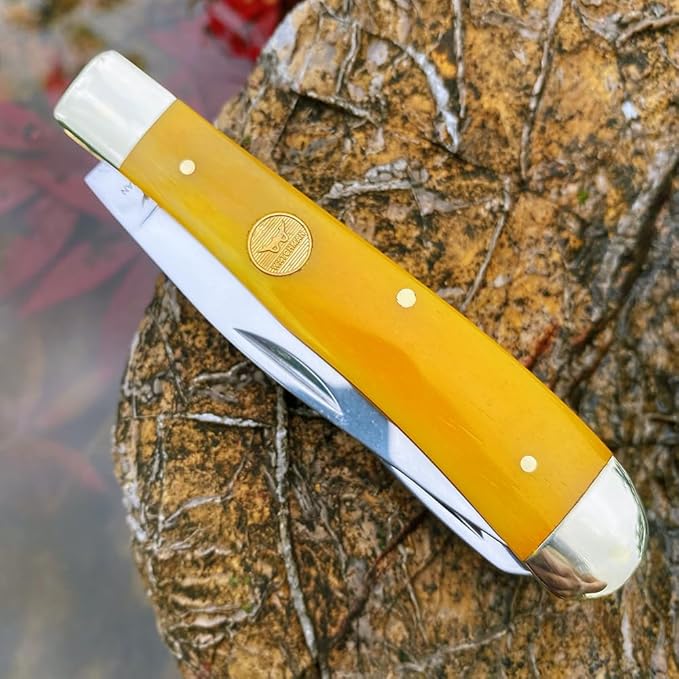Watchman Trapper Pocket Knife – Dual Stainless Steel Blades Slip Joint Knife Folding Pocket Knife with Authentic bone handle scales (yellow)