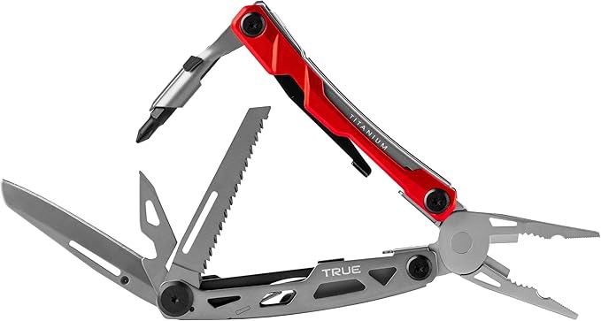 True Utility TI Locking Pocket Multi-Tool, 8-in-1 Tool kit, Titanium Nitride Frame, All-in-One EDC Asset for Camping, Hunting, Fishing, and Hiking, Silver/Red, One Size