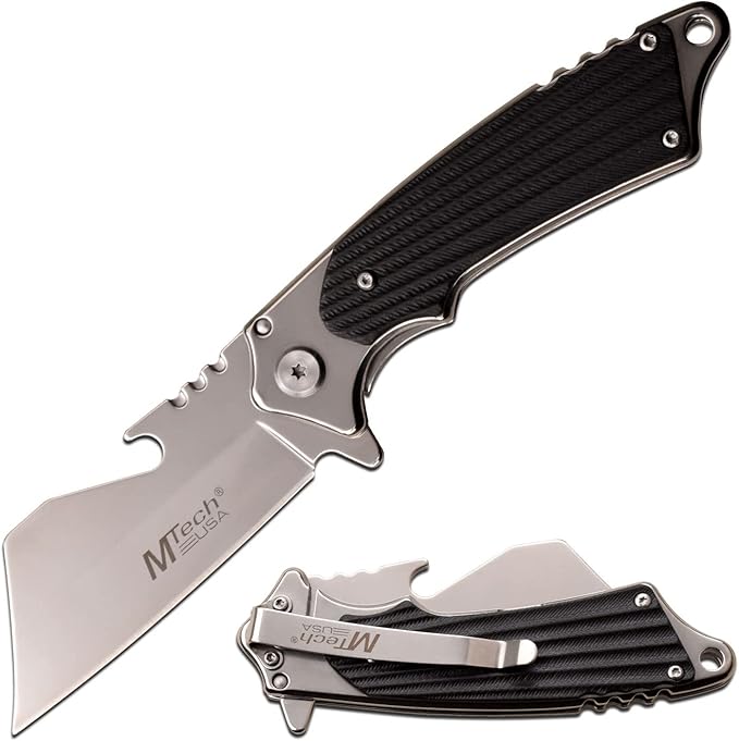 MTECH USA - Spring Assisted Folding Knife - Mirror Polished Stainless Steel Blade w/Bottle Opener, Stainless Steel Handle w/Black G10 Scales, Pocket Clip, Liner Lock - EDC – MT-A1186MR, Multi