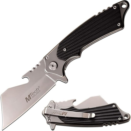 MTECH USA - Spring Assisted Folding Knife - Mirror Polished Stainless Steel Blade w/Bottle Opener, Stainless Steel Handle w/Black G10 Scales, Pocket Clip, Liner Lock - EDC – MT-A1186MR, Multi