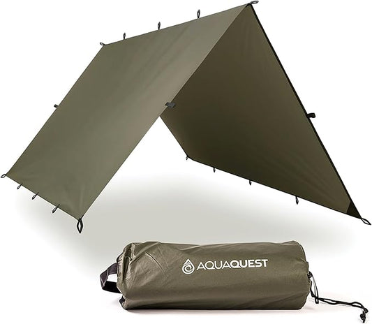 AquaQuest Defender Camping Tarp - Heavy Duty Tent Shelter or Rain Fly - Waterproof Camping Essentials for Hiking, Bushcraft & Hammock, 10 x 10 ft, Olive Drab