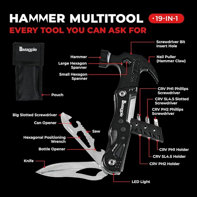 Magpie Hammer Multitool, 19 in 1 Essential Heavy-Duty Multipurpose Tool, Camping Accessories Survival Gear, Birthday Gift for Him Men Husband Son