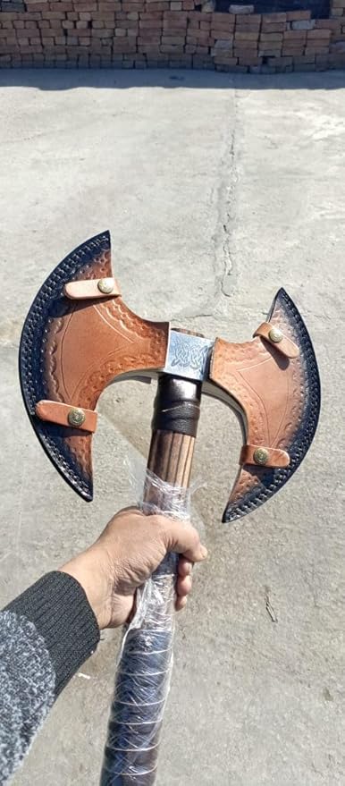 Handmade Double Head Berserker Axe, Large Norse Axe, Hand Forged Steel Axe,Double Blade Axe with Leather Sheath Camping Two Sided Axes Valentine's Day Gift, Aromer Axe Gift (VK-Ax-10)