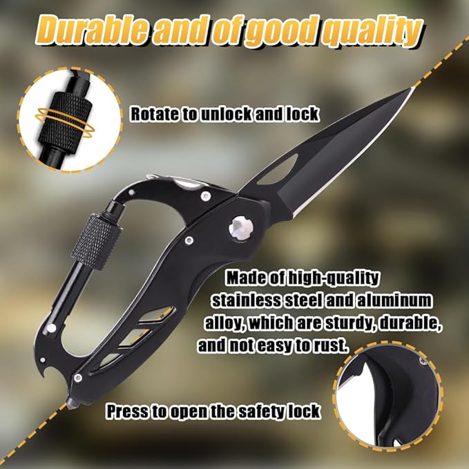 Multitool Carabiner with Pocket Knife, EDC Carabiners Keychain with Folding Knives, Survival Gear for Camping Hiking with a Whistle, Bottle Opener, Window Breaker, Screwdriver, Gifts for Men