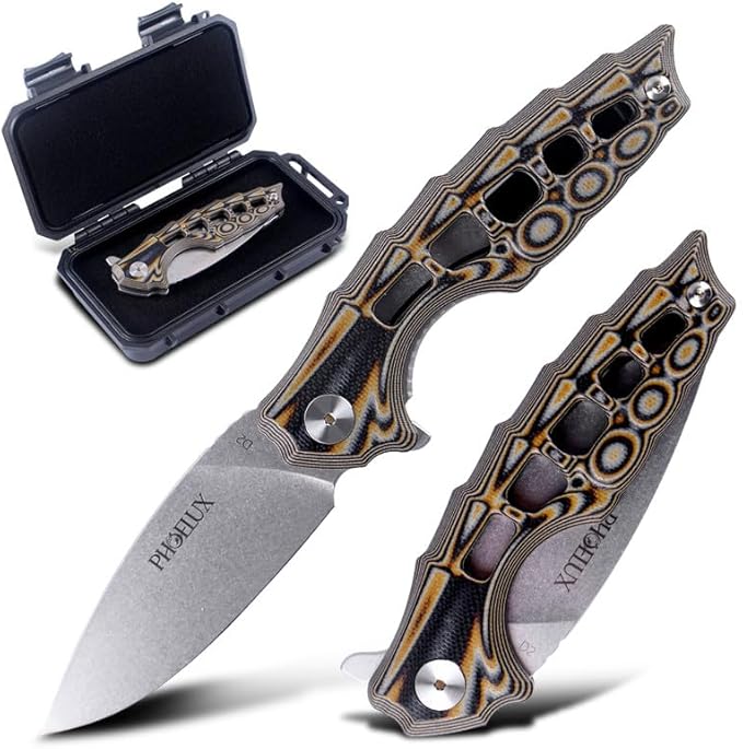 7.51" Pocket Folding Knife- D2 Blade and G10 Handle(Orange Feather Pattern) EDC Knife with Pocket Clip, Liner Lock and Waterproof Box, Good for Survival Camping, Outdoor, Hiking, Hunting