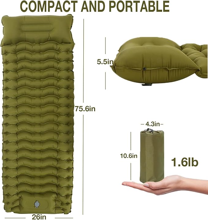 Camping Sleeping Pad, Ultralight Inflatable Sleeping Mat with Pillow, Built-in Foot Pump, Compact Lightweight Camping Air Mattress for Camping Hiking