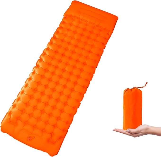Self Inflating Sleeping Pad Camping Sleeping Mat, Built-in Foot-Pump & Pillow Inflatable Camping Mat Single Air Mattress Sleeping Pad for Camping Hiking Tent Travel Outdoor, Orange