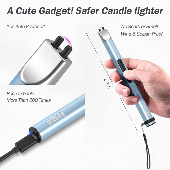 Candle Lighter, Electric Lighter Rechargeable USB Lighter, Arc Windproof Flameless Plasma Lighter Long Stick with Rope and Ring, No Butane Fluid, Perfect for Candle BBQ Camping Kitchen Stove, Blue