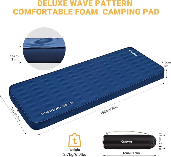 KingCamp Premium 3D Self-Inflating Camping Sleeping Pad Mattress Comfortable 3 “Thick Portable Lightweight Double Single R-Value 6.1 Warm for Winter Camping Indoor Outdoors Single-Navy