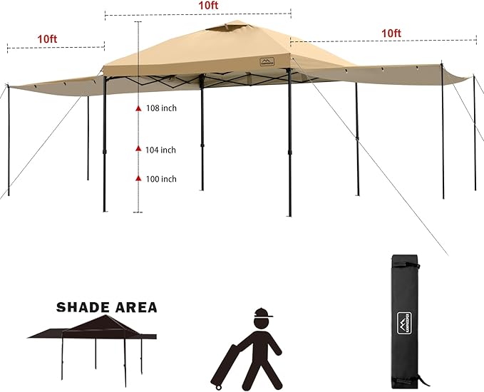 KAMPKEEPER 10x10 pop up Canopy Tent with 2 sidewalls Silver-Coated,Outdoor Canopy Tent for Parties with 2 Shelters,with 4 Poles, 4 Sandbags,8 Ropes,12 Stakes,and 1 Roller Bags