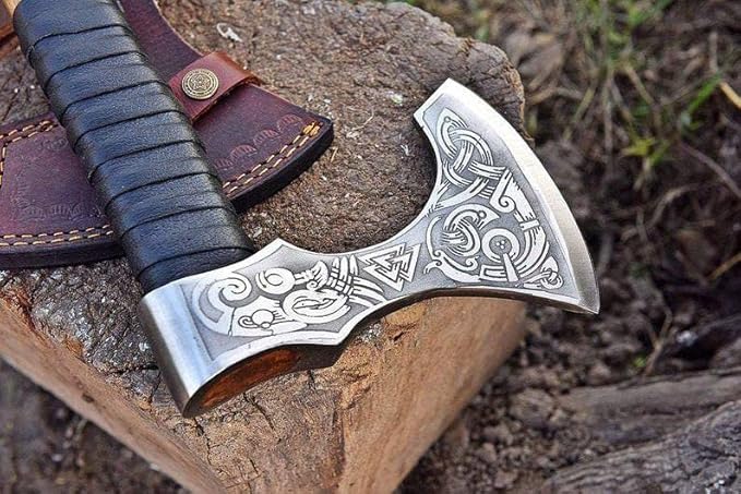 Viking Axe, Custom Handmade Carbon Steel Small Bearded Camping Axe, Rosewood Handle Camping Hatchet with Sheath 20 Inches Ax