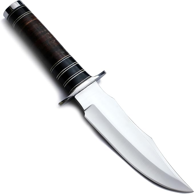 GCS Custom Handmade Stacked Leather Handle Bowie Survival Tactical Gear Hunting Knife D2 Tool Steel Buffalo Hide Sheath GCS145