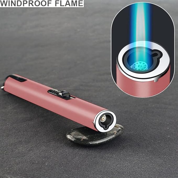 Jet Torch Lighter, Refillable Butane Lighter with Visible Window, Windproof Candle Lighter for BBQ, Camping, Stove, Kitchen Cooker, Hobs, Men Gifts (Gas Not Included) (Pink)