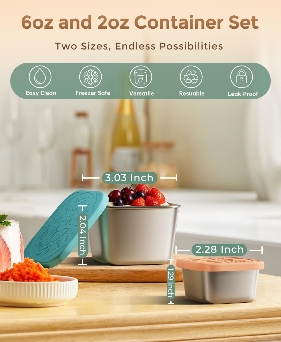 12Pack 6oz Stainless Steel Snack Containers and 2oz Salad Dressing To Go Containers with Silicone Lids, Reusable Square Meal Prep Condiment Sauce Containers Lunch Box Accessories