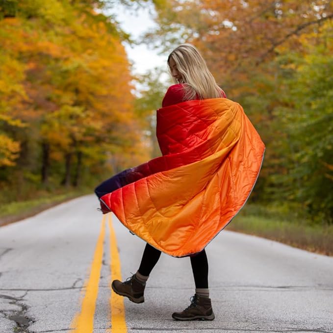 Rumpl Original Puffy Blanket - Warm Puffy Camping Blanket, 100% Recycled Polyester Insulation, Lightweight, Packable, Water-Resistant, Outdoor Puffer Blanket, 52"x75", Dawn Pixel Fade