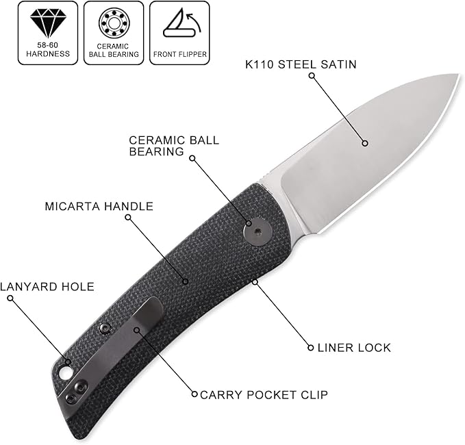 Petrified fish PFE05 Flavorist,3.15" K110 Satin Blade, 94g Micarta Handle Front Flipper Liner lock Folding knife (Black-S)