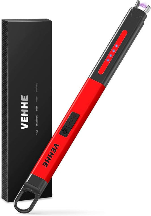 VEHHE Electric Lighter, Candle Lighter Rechargeable USB, Long Plasma Lighters with Safety Lock and LED Display, Pocket Size for Camping Outdoor Party - Red