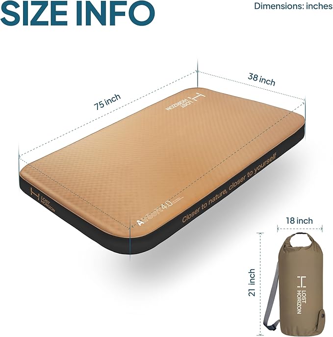LOSTHORIZON Air & Foam Camping Mattress, Self-Inflating Sleeping Pad, 4.5" Thick, with Air Pump, Twin