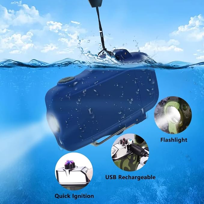 GADATOP Electric Lighter, Outdoor Waterproof Double arc Lighter Windproof Lighter, Rechargeable USB Lighter flameless Plasma Lighter with LED Torch with Lanyard, Suitable for Camping, Hiking (Blue)