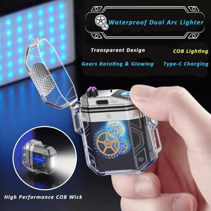 Lighters Dual Arc Lighter with Flashlight Rechargeable Windproof Waterproof Flameless Transparent Double Arc USB Lighter Good for Cigarette Outdoor Camping Hiking (Orage)