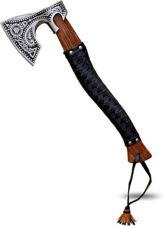 Handmade Forged Stainless Steel Viking Axe, Hatchet with Leather Sheath, Throwing Axe, Camping Axe, Solid Wood Handle Multiple Designs (Axe CK-7)