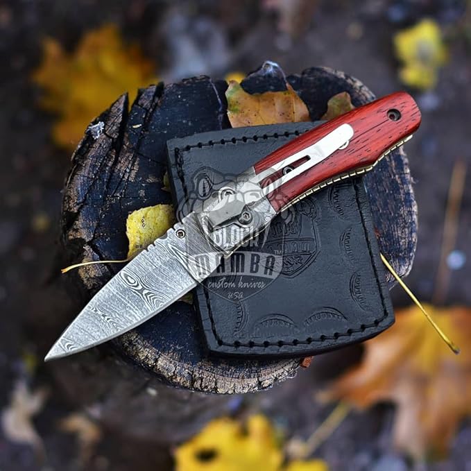 BMK-406 Taipan 4 Long 3 Blade 5 Ounce Damascus Pocket Clip Knives Handmade Damascus Pocket Folding Knife With Leather Cover Hand Made Word Class Knives