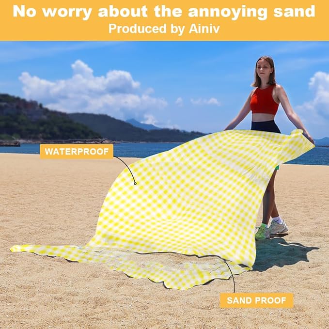 Ainiv Beach Blanket Beach Mat, Sandproof Waterproof Beach Mat, Picnic Blanket, Extra Large 55x79 in (3-5 People) Picnic Blanket with 1 Storage Bag & 4 Fixed Nails for Beach, Camping, Hiking, Picnic